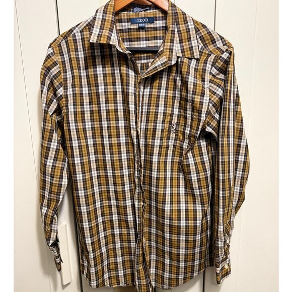 IZOD Brown Yellow Plaid Button Down Long Sleeve Casual Shirt Men’s XL Regular - Picture 1 of 9